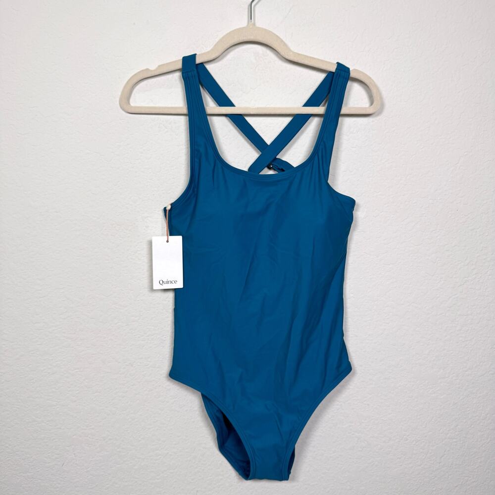 Quince Womens Italian Cross Back One Piece Swimsuit SIze M Swim Beach Teal Blue